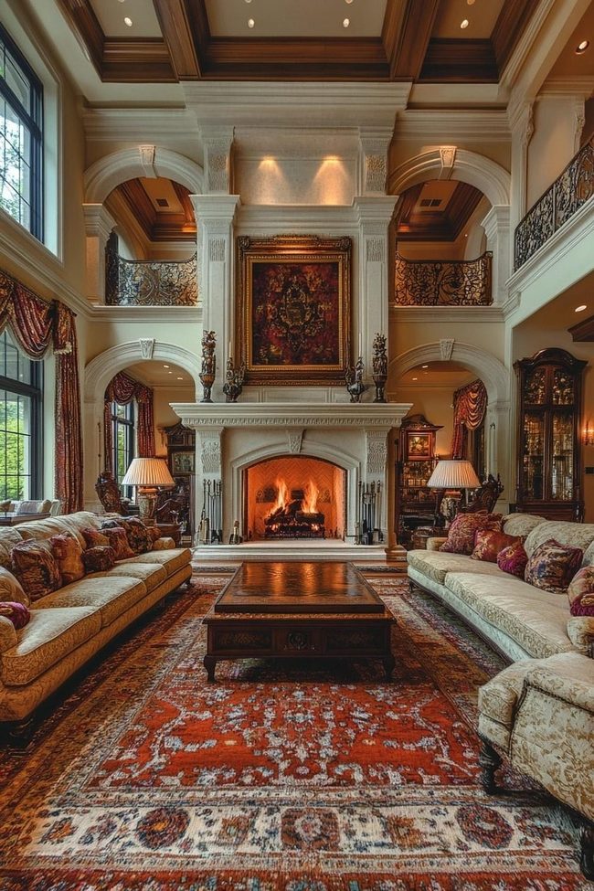 Grand Stone Fireplace With Brocade