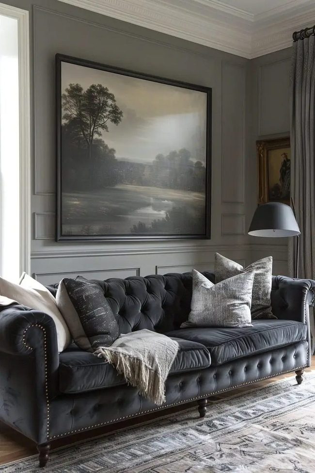Deep Black Leather Tufted Sofa