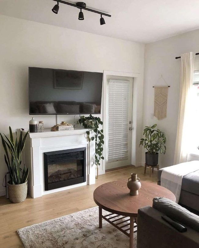 Stained Wood Table, Crisp White Fireplace