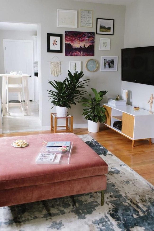 Pink Ottomans, Warm Wood Floors