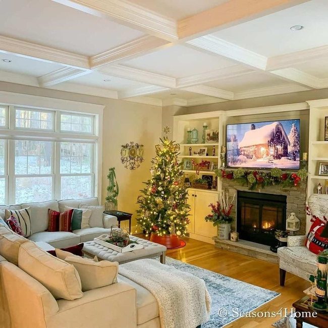 Brick Fireplace And Coffered Ceilings