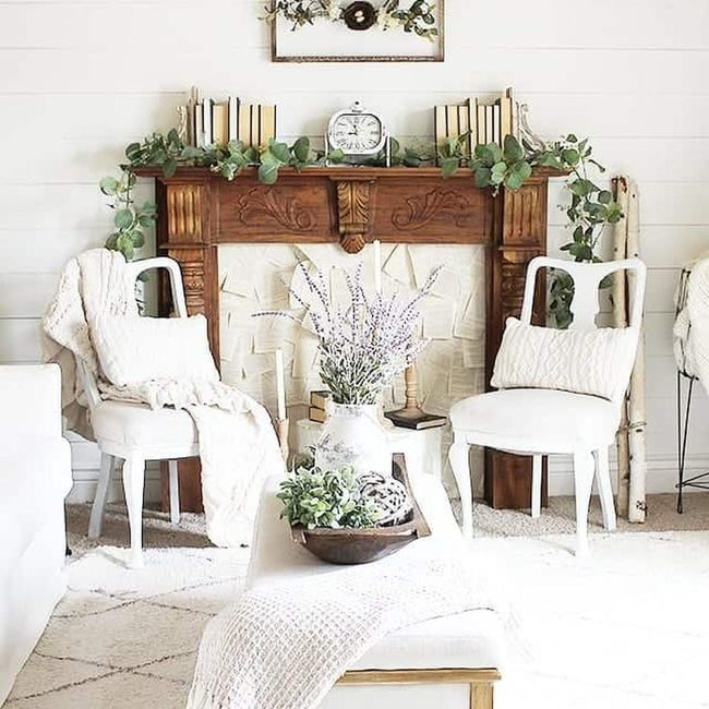 Green Plants, White Seating, Fireplace