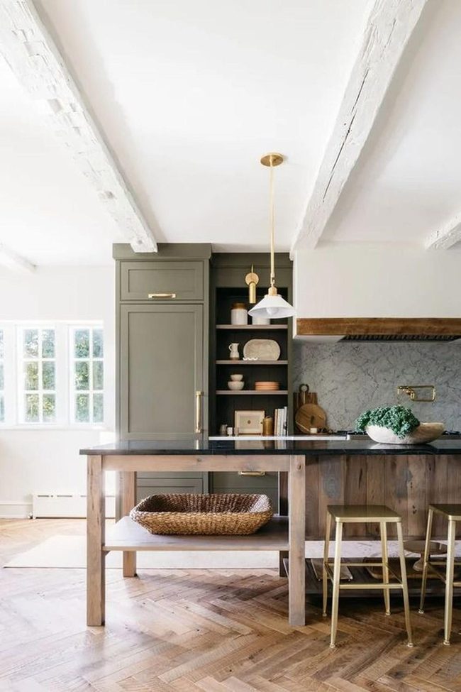 Olive Green Cabinets With Herringbone Warmth