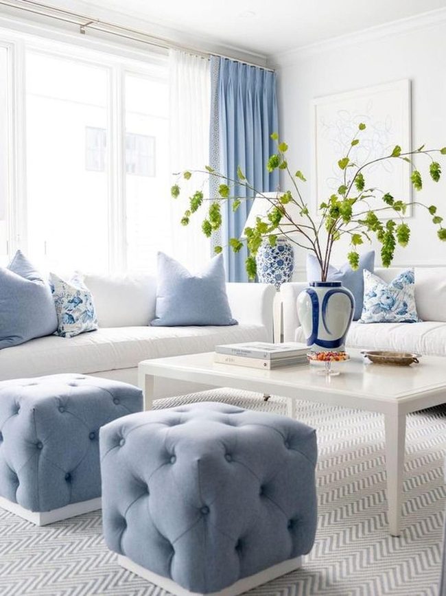 White And Blue Living Room With Chevron Rug
