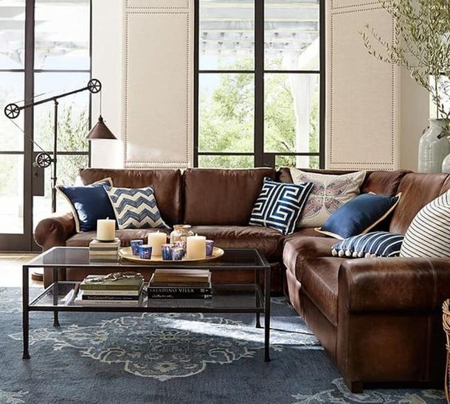Brown Leather Corner Sectional With Blue Accents