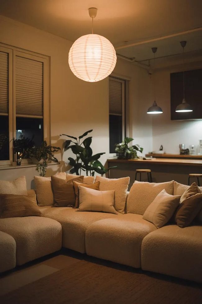 Glowing Paper Lanterns Above Neutral Seating