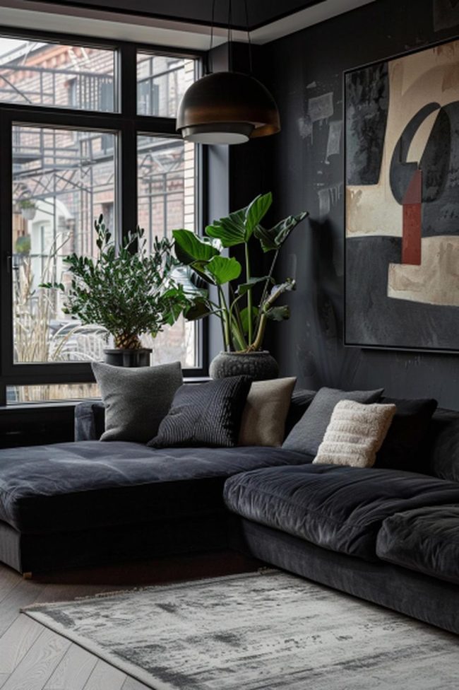 Charcoal Sofa With Emerald Plant Accents