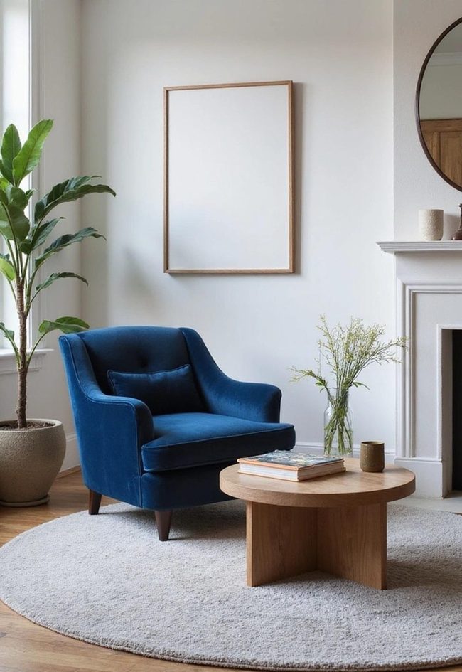 Navy Armchair And Metal Coffee Table