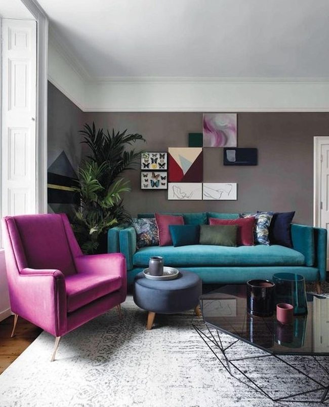 Purple Armchairs Meet Modern Gray Walls
