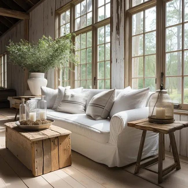 Whitewashed Linen Sofa With Barn Wood