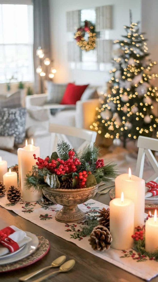 Red Gold Ornaments with Greenery