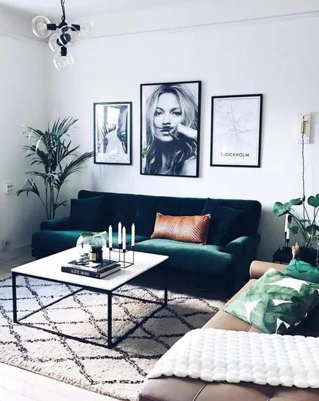 Dark Green Sofa, White Table Statement