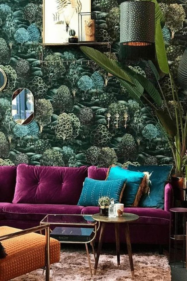 Purple Couches, Nature Green Walls