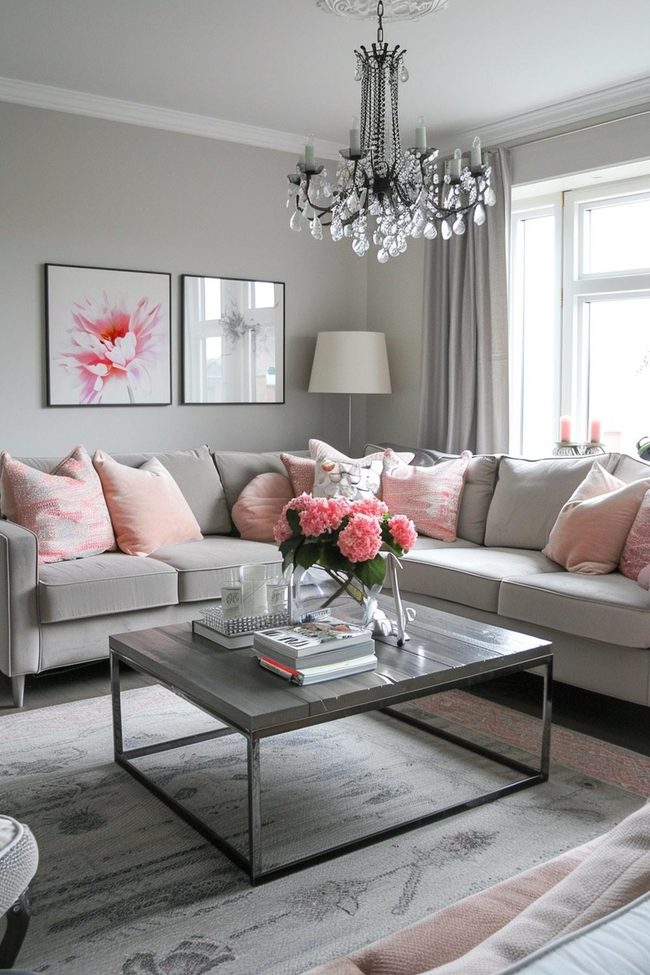 Gray Sofa With Blush Pink Pillows