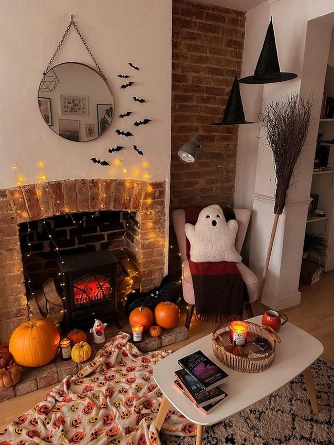 Glowing Brick Fireplace, Halloween Decorated