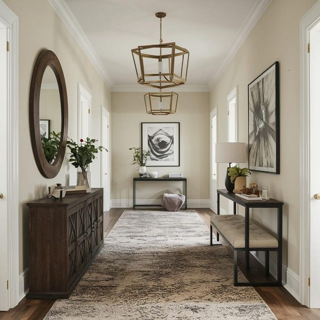Oversized Mirror Brightens Long Hallways