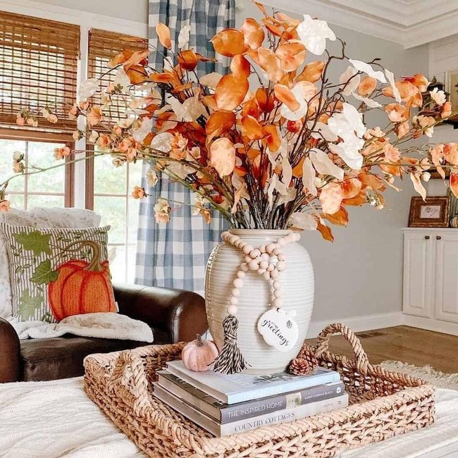 Rusty Orange Florals, Cream Vase