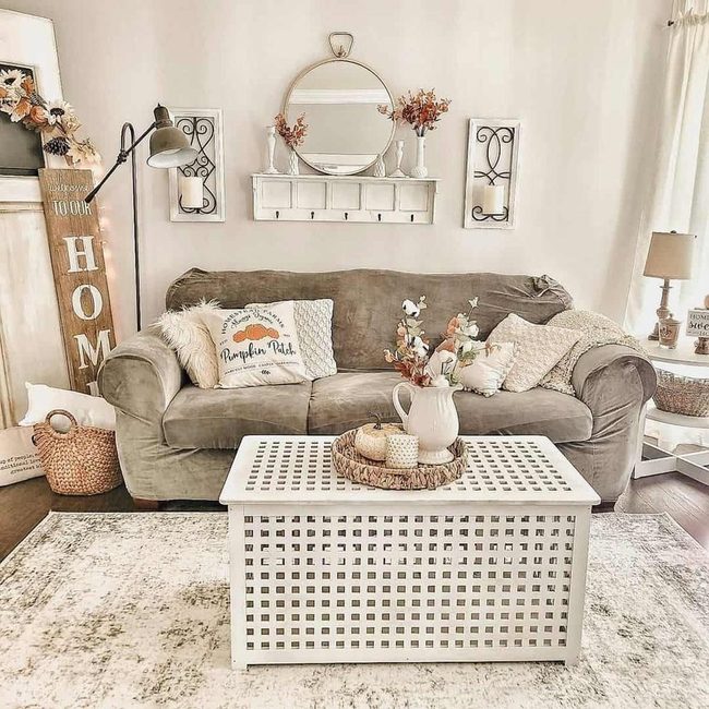 White Vases, Round Mirror, Grey Sofa