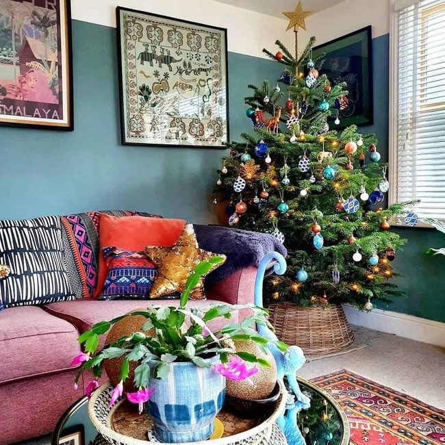 Teal Wall Festive Living Room