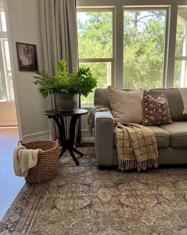 Grey Couch, Layered Patterns, Cottage Warmth
