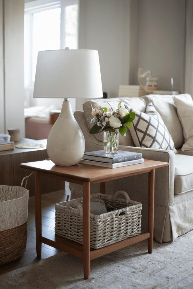 Beige Sofa With Wooden Table Reading Nook