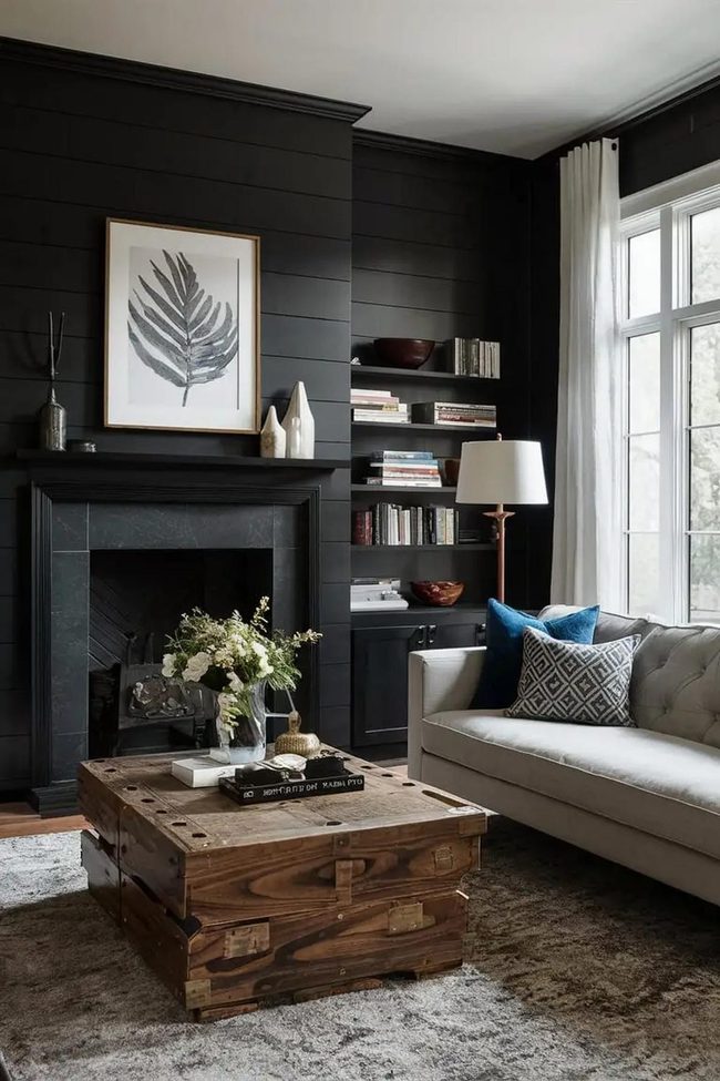 Dark Shiplap Walls With Gold Fixtures