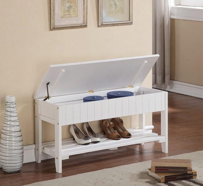 White Slat Bench With Hidden Storage