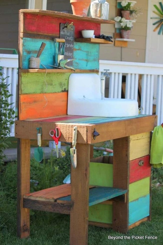 Colorful Reclaimed Wood Potting Station