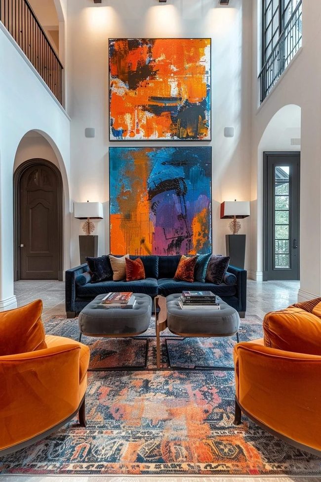 Orange Velvet Meets Navy Walls