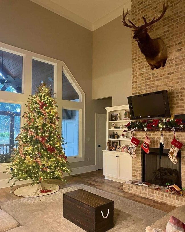 Beige Brick Fireplace Red Bow Statement