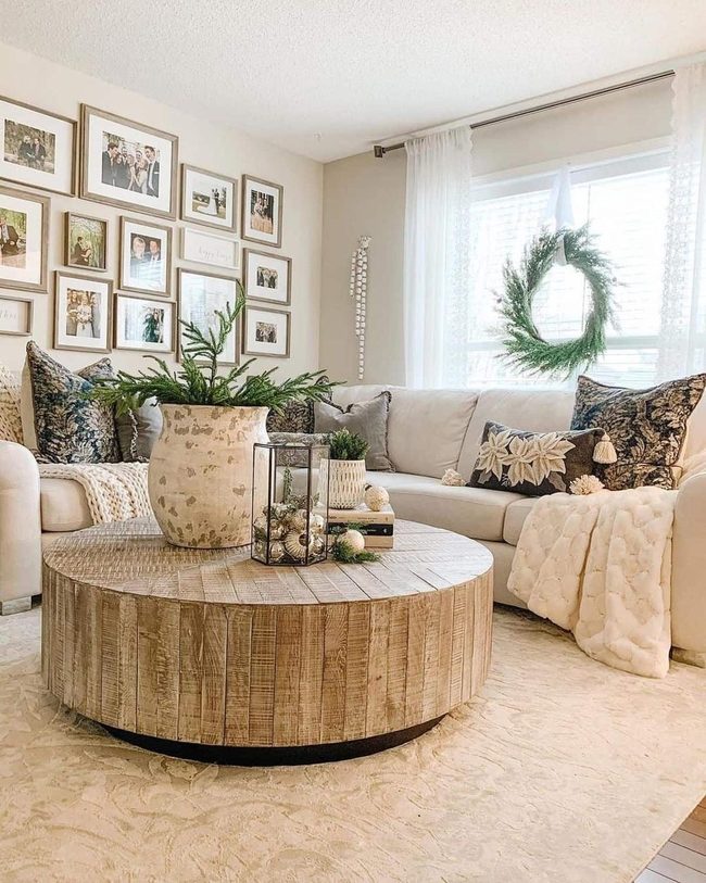 Beige Sectional With Wood Drum Table
