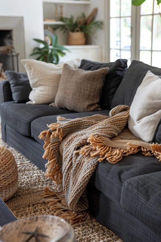Dark Grey Couch With Layered Throws