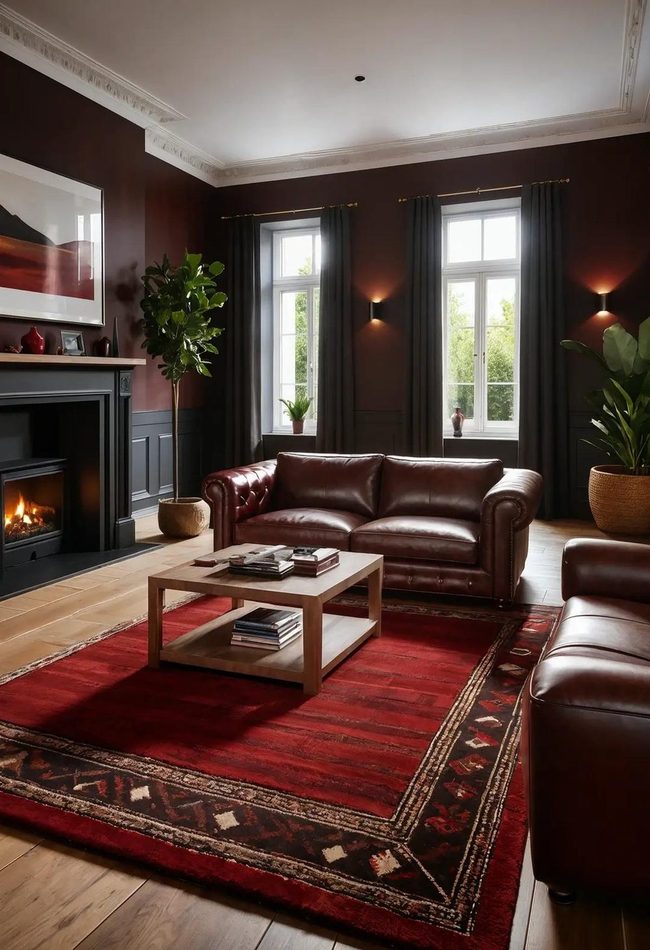 Deep Brown Leather Sofa Red Rug