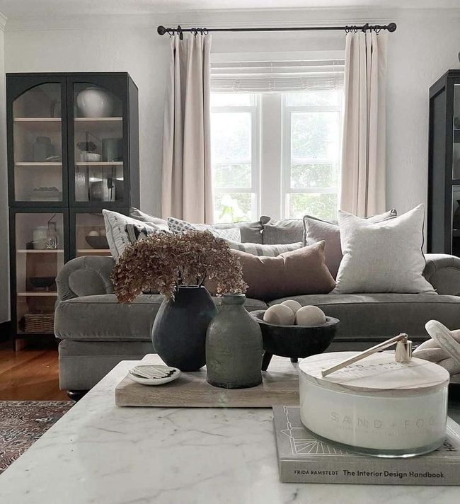 Grey Upholstery Meets Marble Elegance
