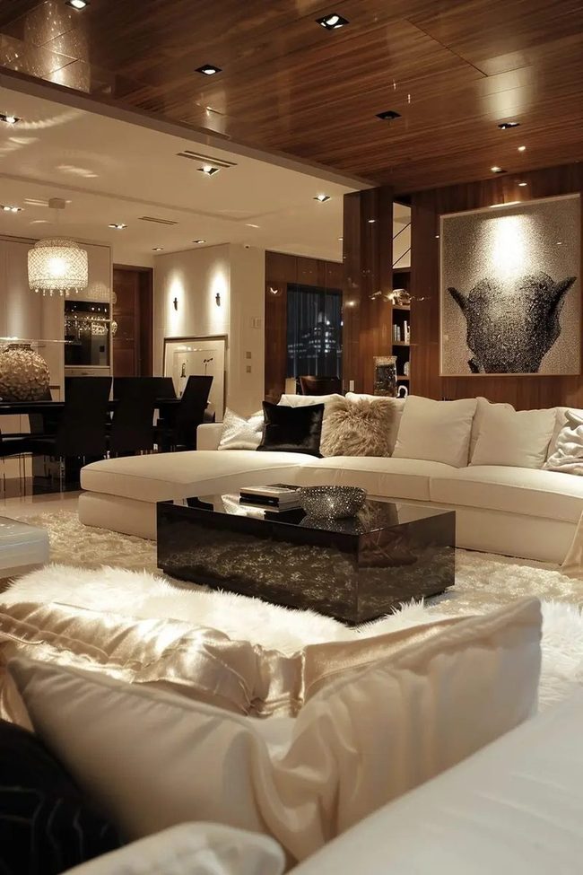 White Sectional With Dark Glossy Contrast