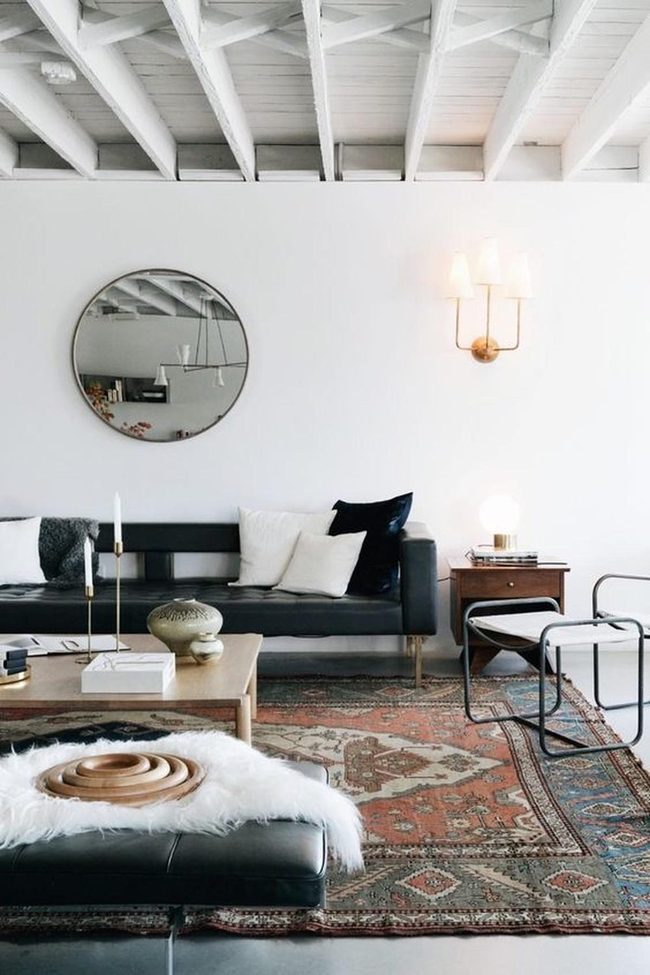 White Walls, Black Leather, Vintage Rugs
