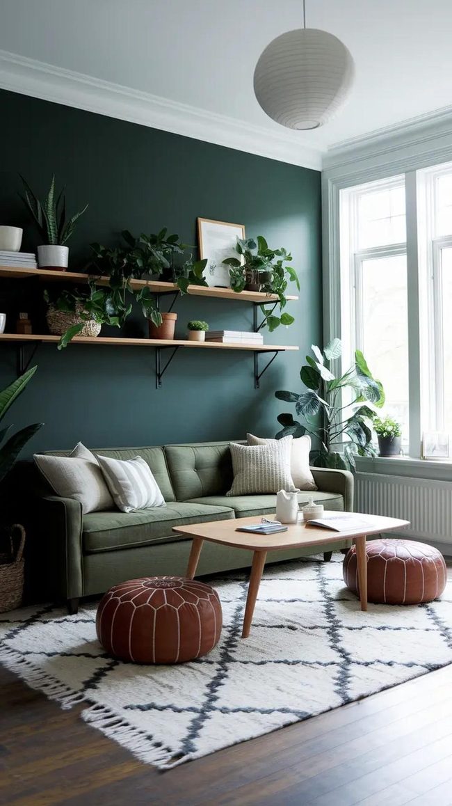Dark Green Walls With Natural Wood Accents