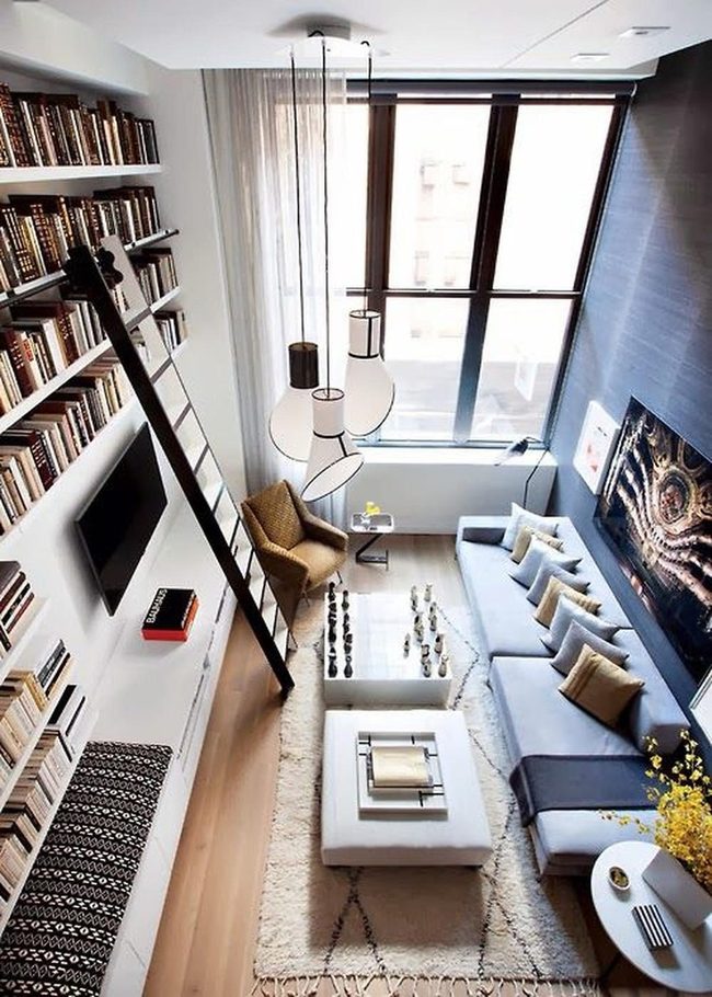 Sunlit Gray Living Room With Yellow Flowers