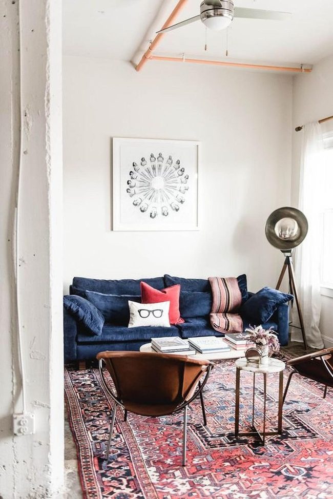 Deep Blue Sofa, Red Accent Energy