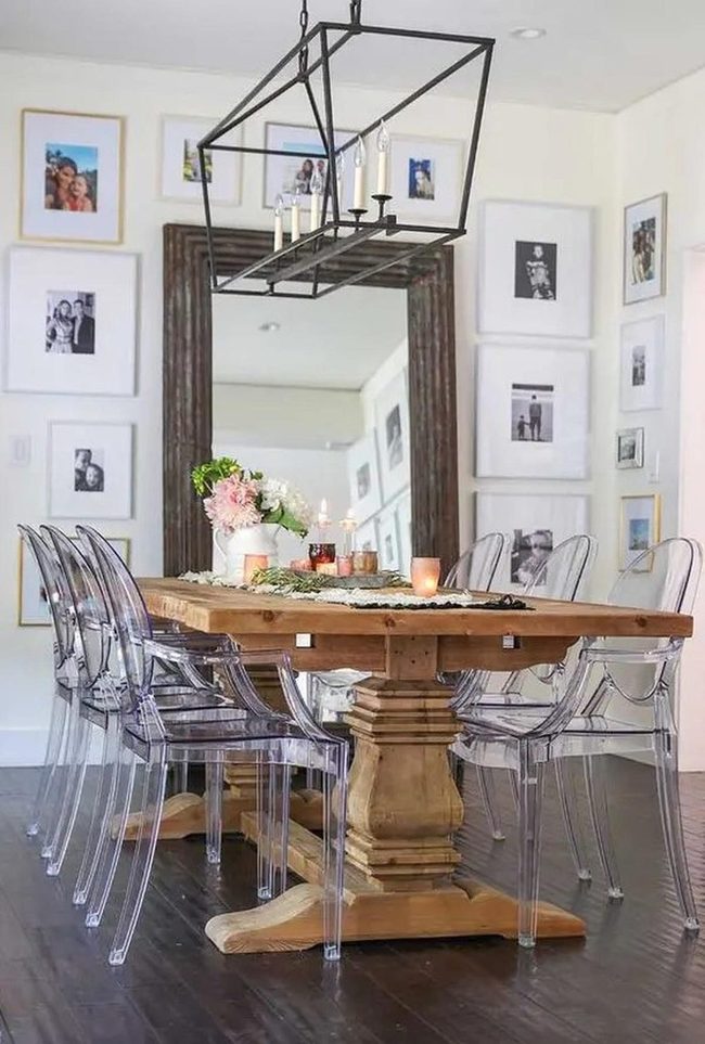 Carved Wood Tables With Industrial Chandeliers