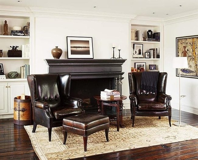 Dark Leather And Black Fireplace Elegance