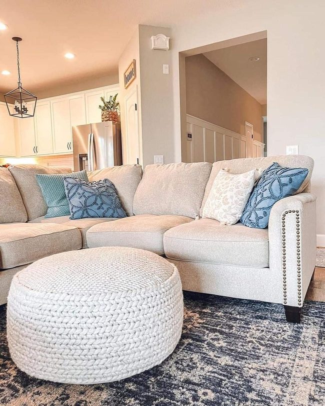 Gray Couch Blue Cushions Navy Rug