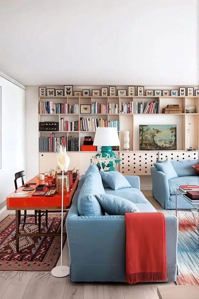 Light Blue Couches Red Accents