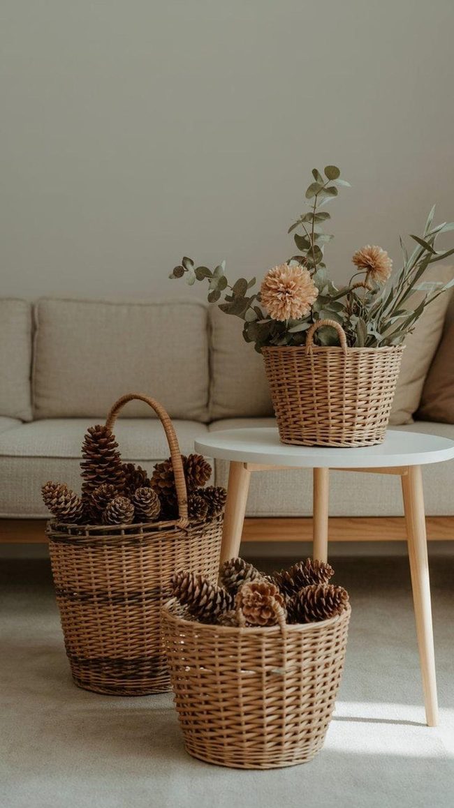 Natural Fiber Baskets Overflow Pinecones
