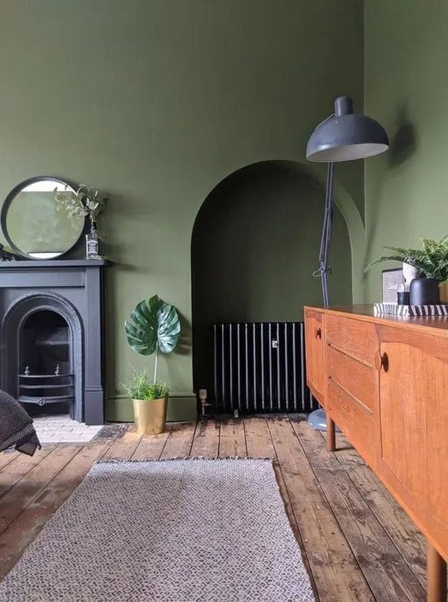 Black Arch Fireplace, Green Walls