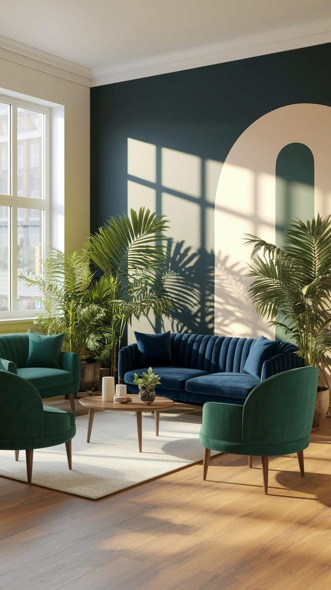 Deep Blue Living Room With Green Energy