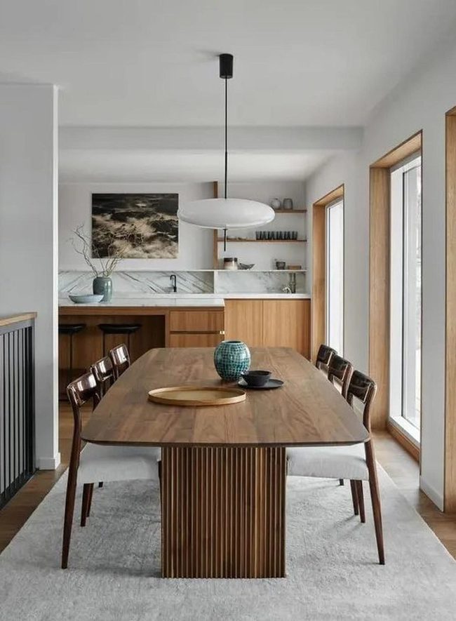 Natural Wood Dining With Marble Accents