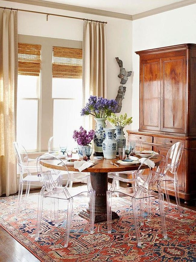Sunlit Wooden Dining With Floral Blue Accents