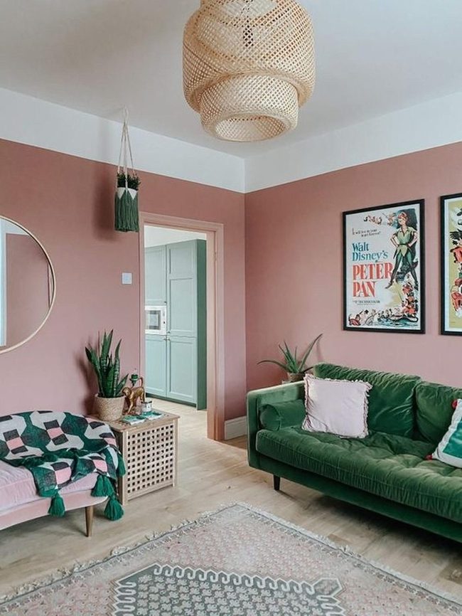 Pink Walls, Green Velvet Sofa Statement