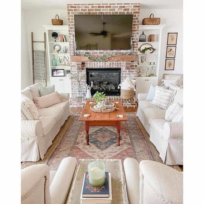 Brick Fireplace With Warm Wood Tones